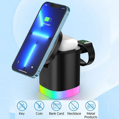 3-in-1 magnetic wireless charging station with RGB lighting for smartphones, smartwatches, and wireless earbuds