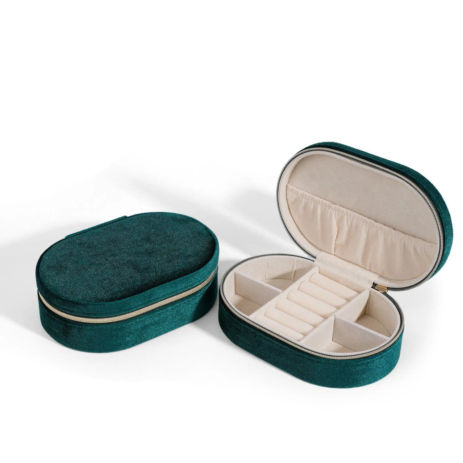 Oval velvet jewellery storage box with flannel lining in lake blue colour showing 15x10x5cm dimensions