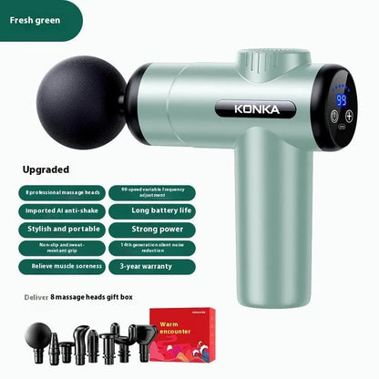 Konka V19 massage gun in grey colour with 8 silicone massage heads and charging wire
