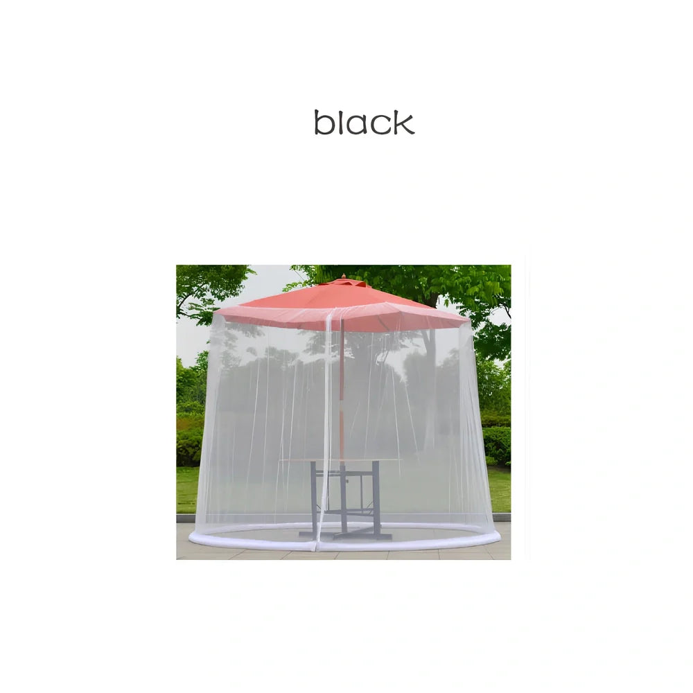 Black polyester mosquito net covering round patio umbrella with 300cm diameter protection
