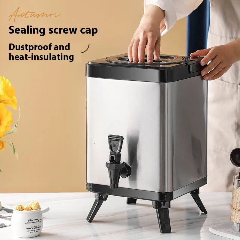 Silver stainless steel milk tea bucket with square lock closure and 8-litre capacity for commercial use
