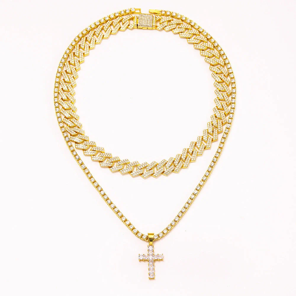 Zircon cross pendant necklace with Miami curb Cuban chain in gold and silver