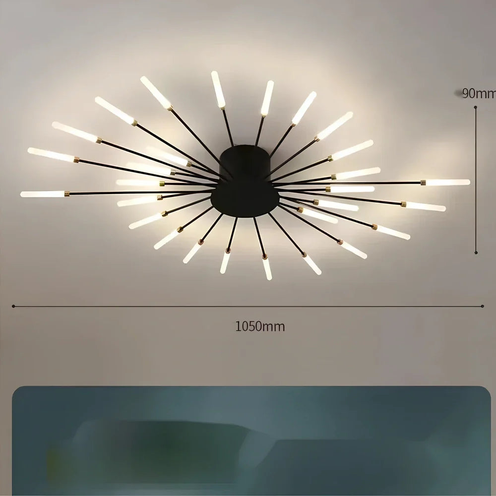 Ceiling room light with decorative iron framework and multiple bulb heads in gold or sand black finish