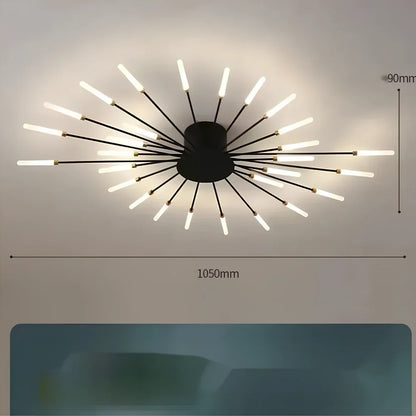 Ceiling room light with decorative iron framework and multiple bulb heads in gold or sand black finish