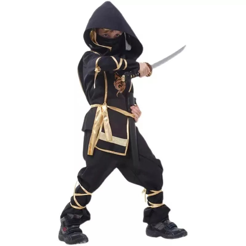 Halloween children's anime character costume set in black and gold, includes coat, pants, armor, mask, belt, headdress, and bindings
