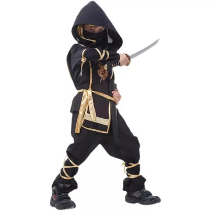 Halloween children's anime character costume set in black and gold, includes coat, pants, armor, mask, belt, headdress, and bindings