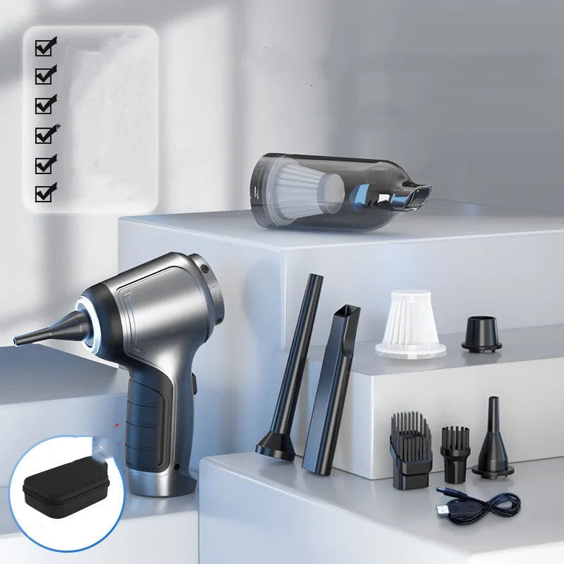 Brushless handheld and vertical car vacuum cleaner with 12000Pa suction, shown with optional EVA storage bag.