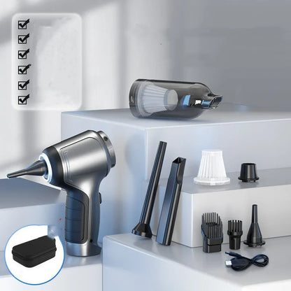 Brushless handheld and vertical car vacuum cleaner with 12000Pa suction, shown with optional EVA storage bag.