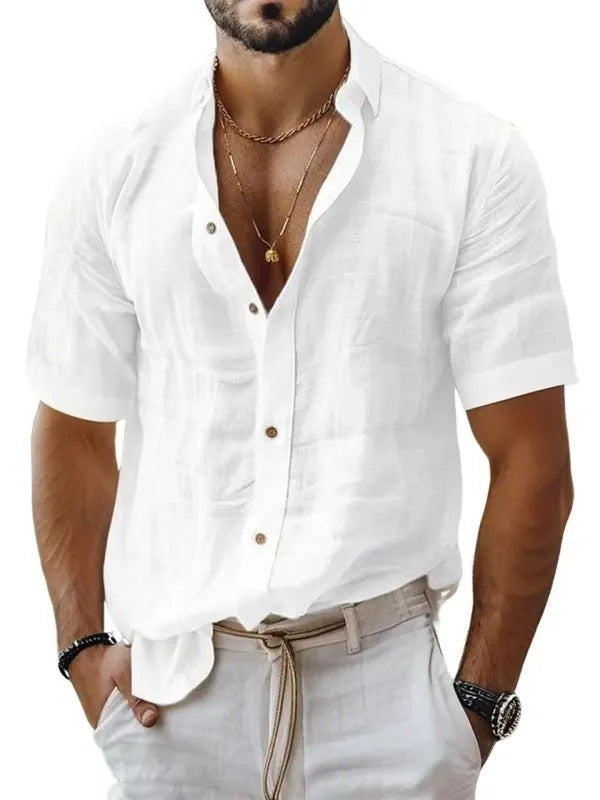 Men's short sleeve lapel shirt in cotton linen blend available in multiple solid colours