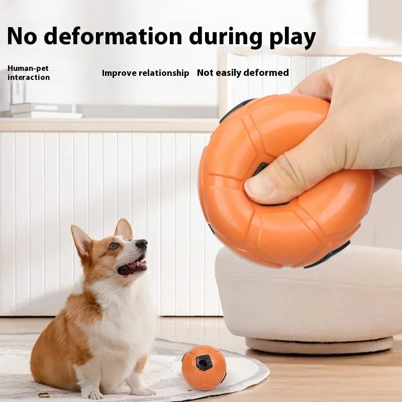 Orange and white TPR dog toy balls, one hollow and one with a teeth cleaning stick, for small dogs