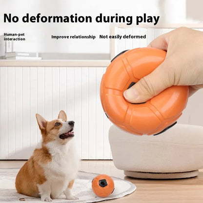 Orange and white TPR dog toy balls, one hollow and one with a teeth cleaning stick, for small dogs