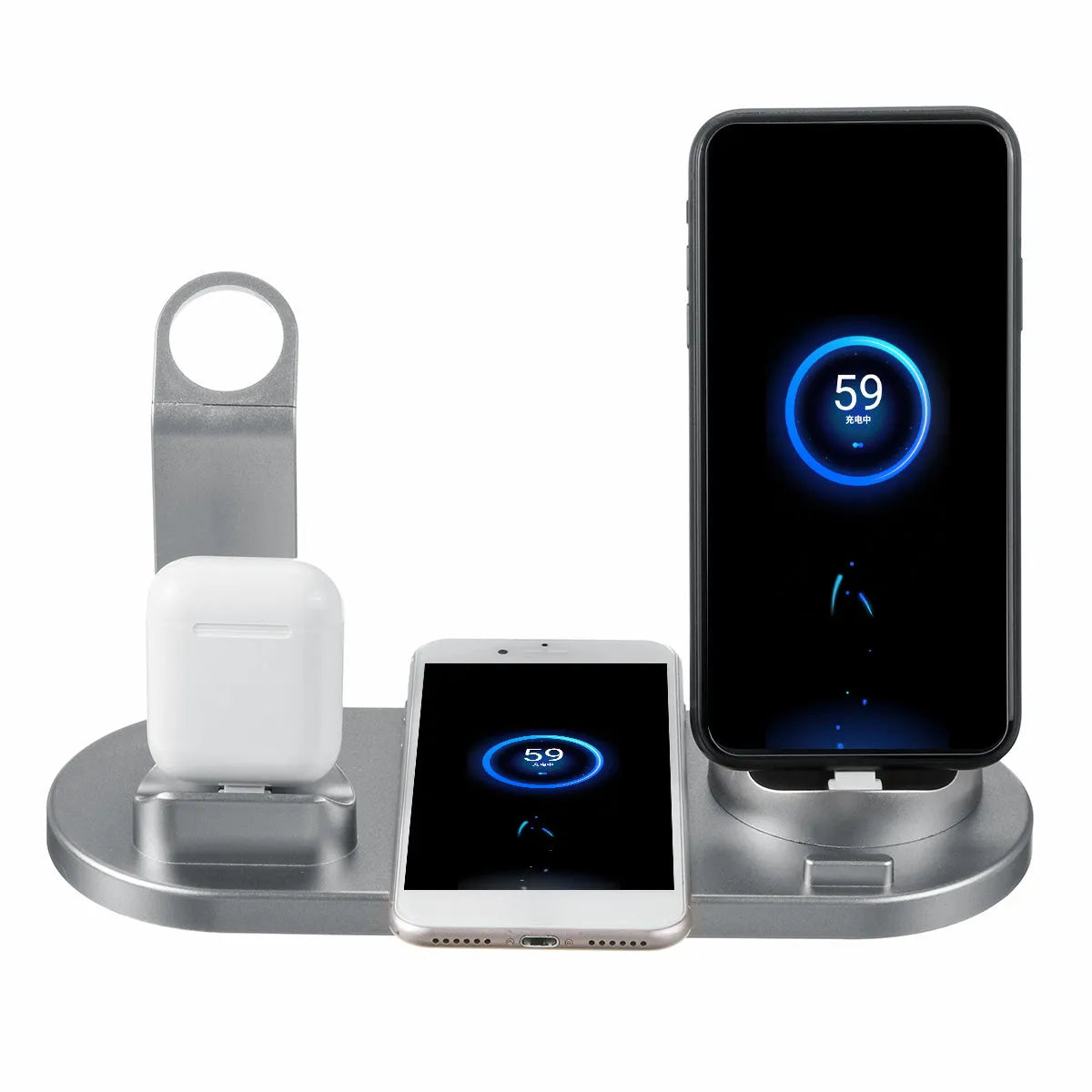 Three-in-one wireless charging stand in silver for iPhone, Apple Watch and AirPods with adjustable angle and USB power