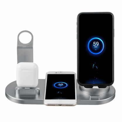 Three-in-one wireless charging stand in silver for iPhone, Apple Watch and AirPods with adjustable angle and USB power