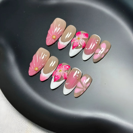 French style lily fluid ice flower three-dimensional press-on nails in almond shape