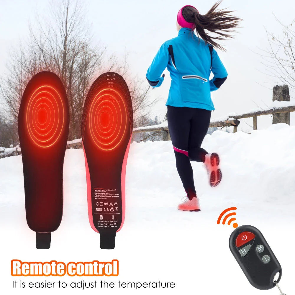 Heated insoles for men and women with rechargeable electric foot warming pads, designed to fit any size boot or shoe