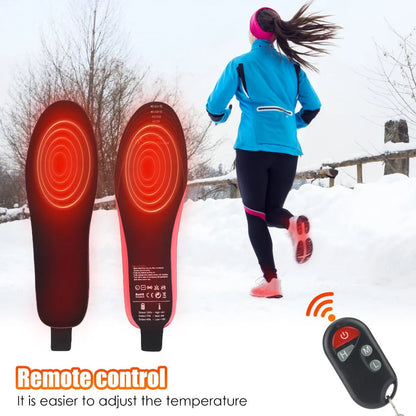 Heated insoles for men and women with rechargeable electric foot warming pads, designed to fit any size boot or shoe