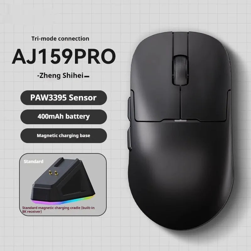 AJ159 gaming mouse in various colours showing its compact shape and Teflon foot pads.