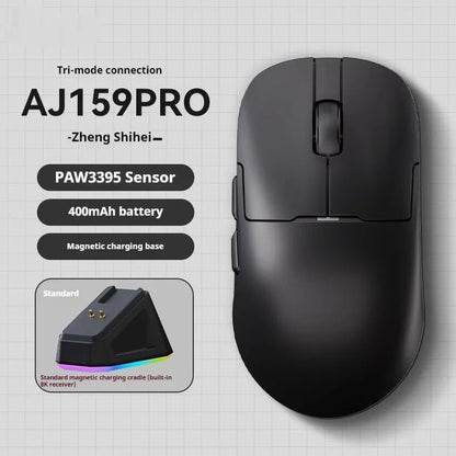 AJ159 gaming mouse in various colours showing its compact shape and Teflon foot pads.