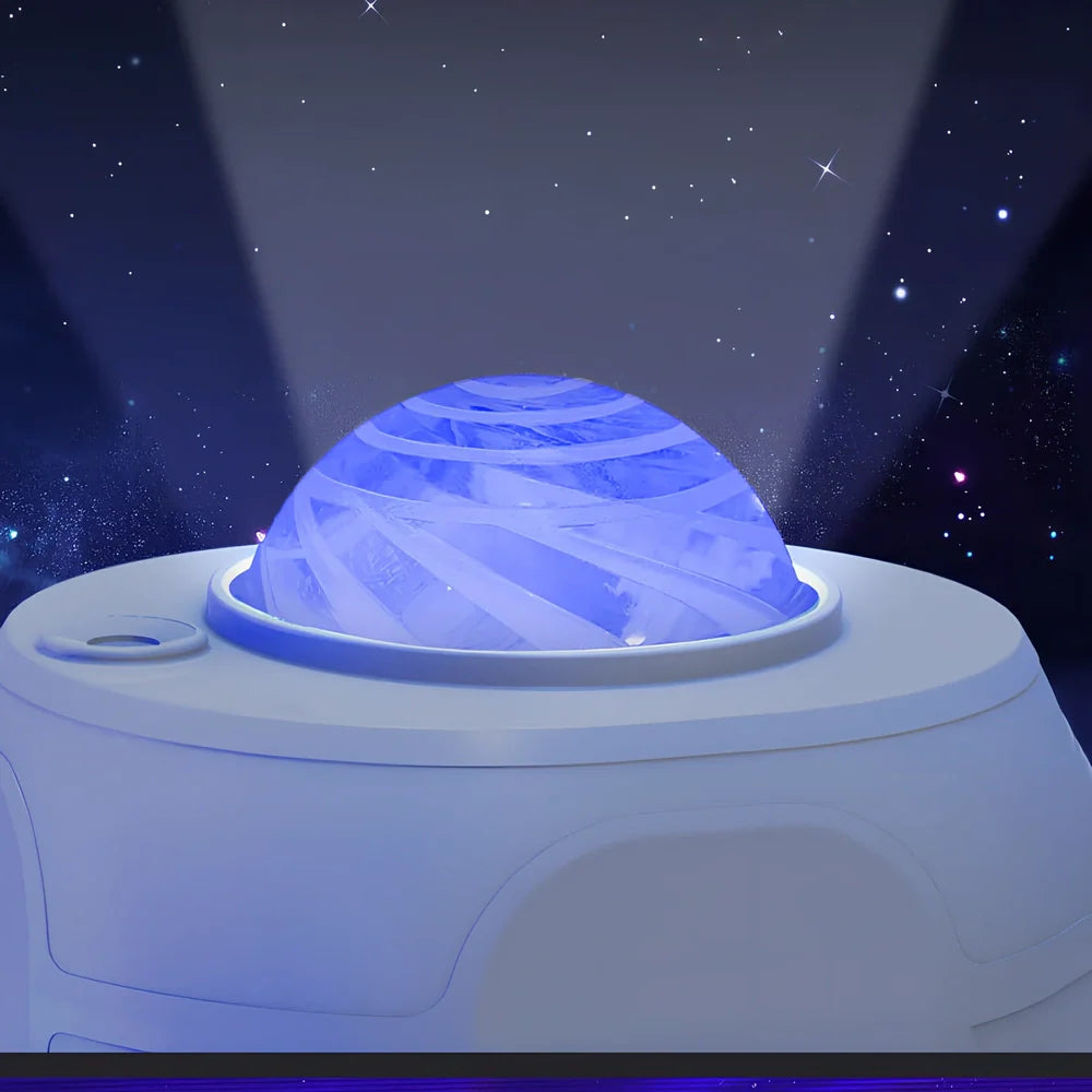 White Swirl Moon Star Laser Atmosphere Lamp projecting celestial patterns with remote control