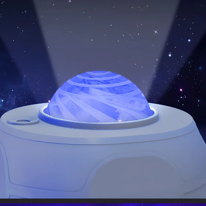 White Swirl Moon Star Laser Atmosphere Lamp projecting celestial patterns with remote control