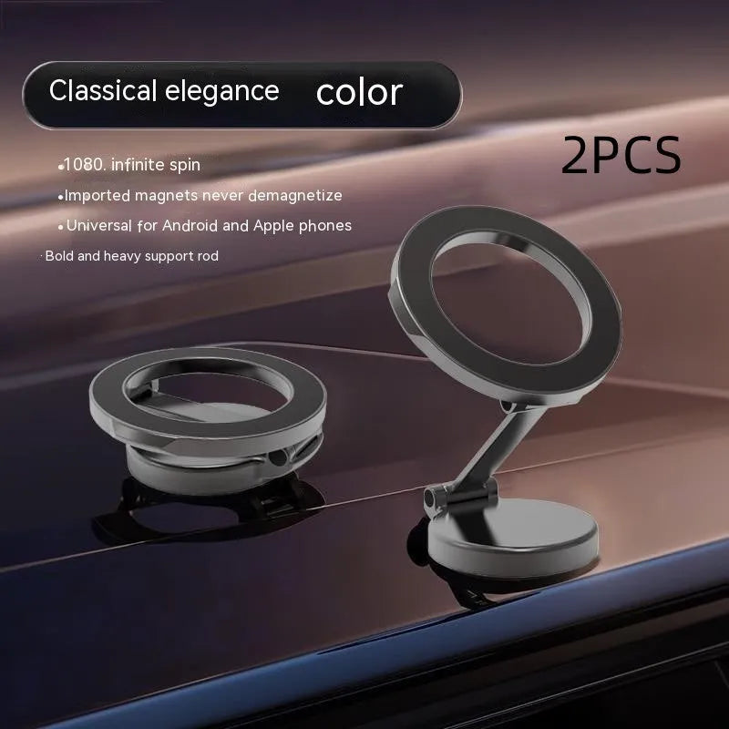 All-metal foldable magnetic car phone mount showing 360-degree rotation and dashboard mounting