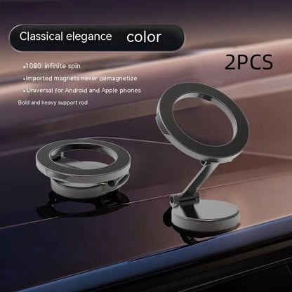All-metal foldable magnetic car phone mount showing 360-degree rotation and dashboard mounting