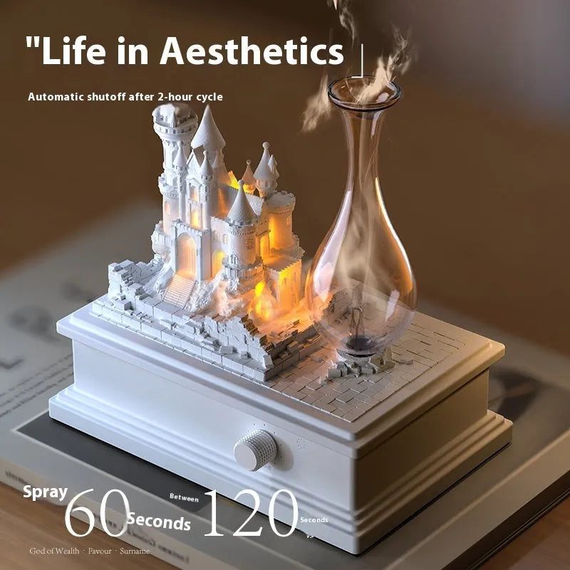 White medieval castle aromatherapy machine measuring 188x124x210mm with ambient lighting and waterless fragrance technology