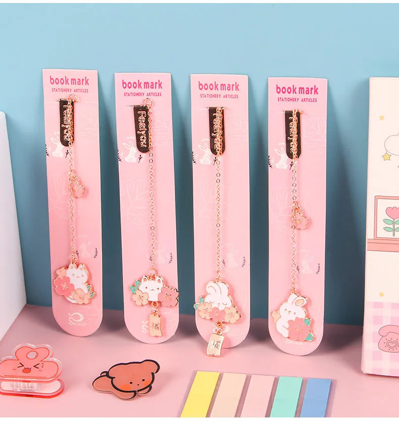 Metal bookmark pendant with cherry blossom cartoon cat design for journal decoration