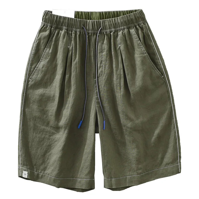 Men's solid colour linen shorts in loose straight drooping style on hanger