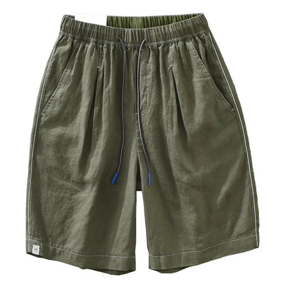 Men's solid colour linen shorts in loose straight drooping style on hanger