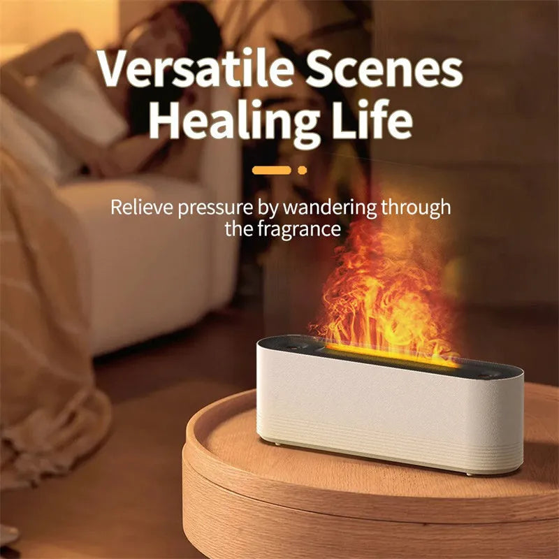 Black Flame Air ultrasonic humidifier with LED lights and mist output on wooden surface