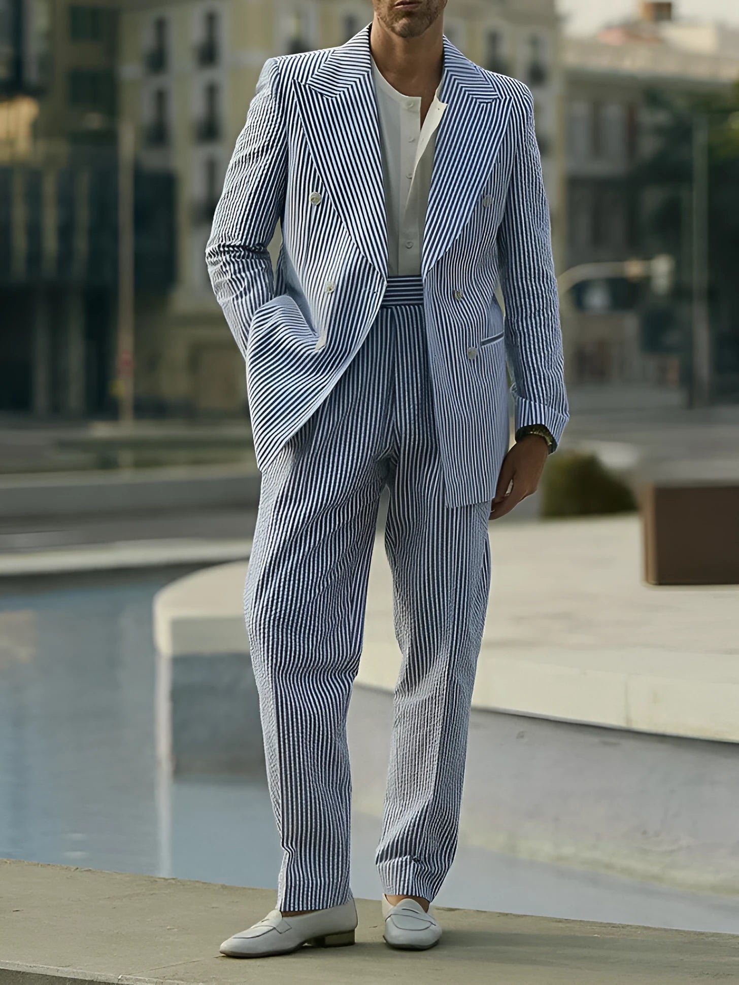 Blue and white striped polyester suit set with blazer and pants on mannequin