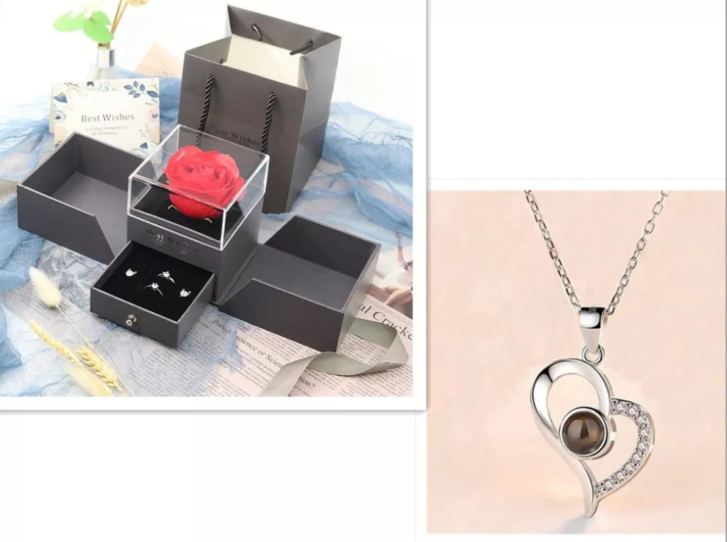 Valentine's Day metal rose jewelry gift box necklace with adjustable crystal design