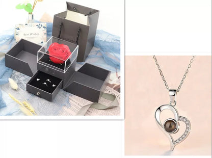 Valentine's Day metal rose jewelry gift box necklace with adjustable crystal design