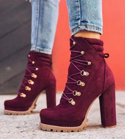 Women's suede high heel boots with round toe and lace-up design in green, black, wine red, and brown yellow