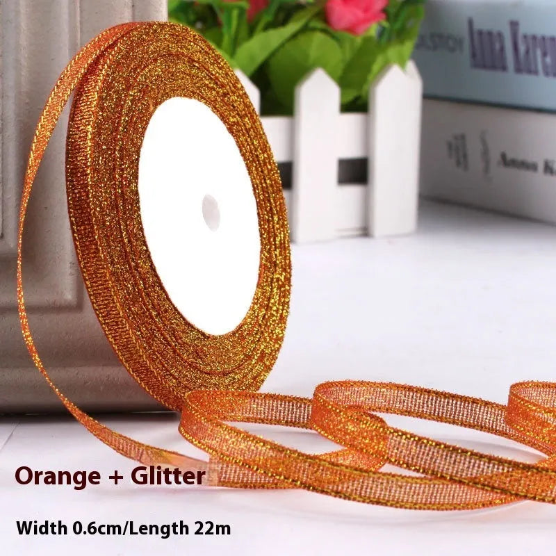 Polyester gift packaging bow ribbon showing 0.6cm width and colour options including gold leaf and metallic variations