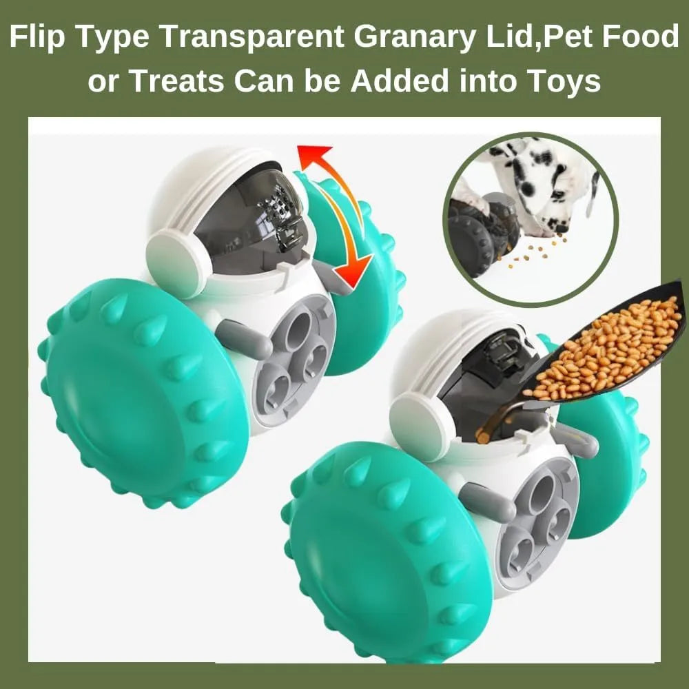 A small, robot-shaped, self-balancing dog treat dispenser toy in various colours, rolling on a floor.