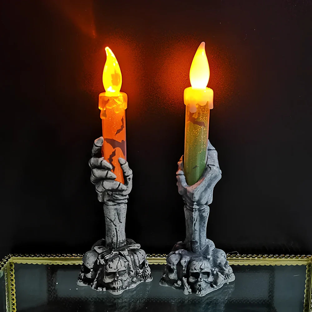 Orange and green Halloween skeleton ghost decoration with candle light, 15cm height