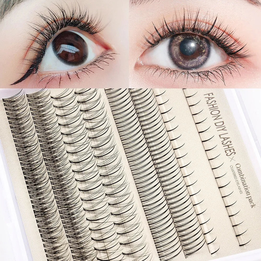 DIY false eyelash set with glue, tools and natural segmented clusters for home application