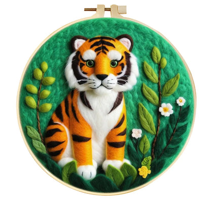 Round fabric embroidery kit with 20x20cm linen frame and wool felt for three-dimensional floral artwork