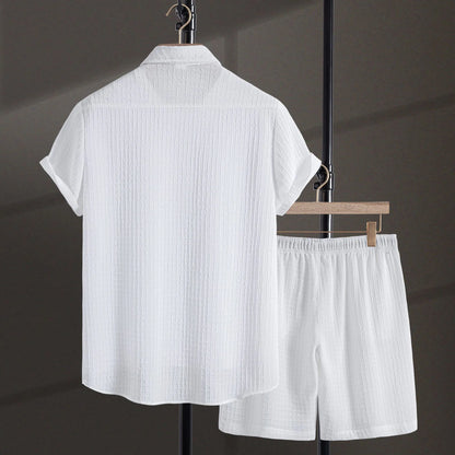 Men's black jacquard cotton blend short sleeve shirt and matching shorts casual suit set