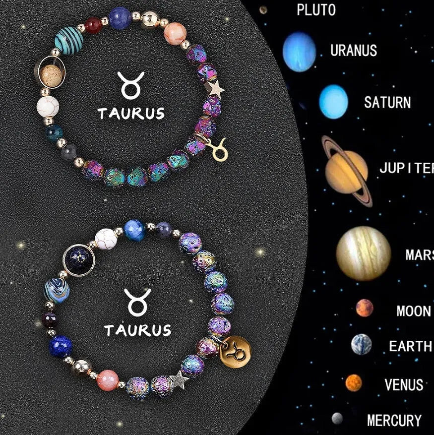 Adjustable natural stone zodiac beaded bracelet showing twelve different sign styles with 8mm beads