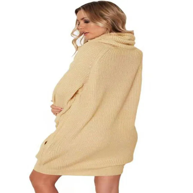 Women's apricot lapel-neck sweater with side pockets, loose slim fit.