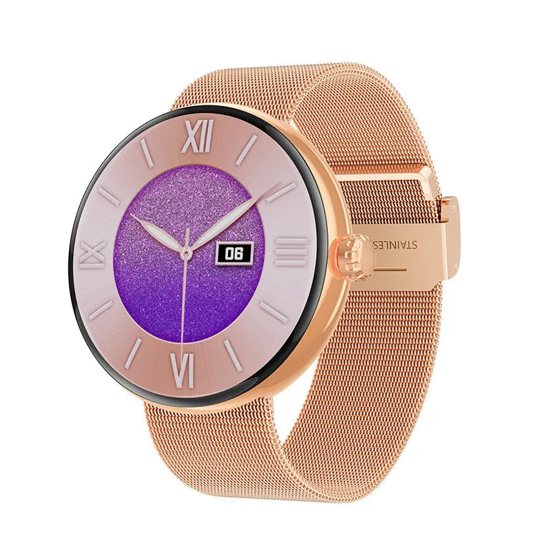 Smart watch for women with 41-43mm circular colour screen, metal wrist strap, wireless charging and domestic waterproof rating, compatible with iOS