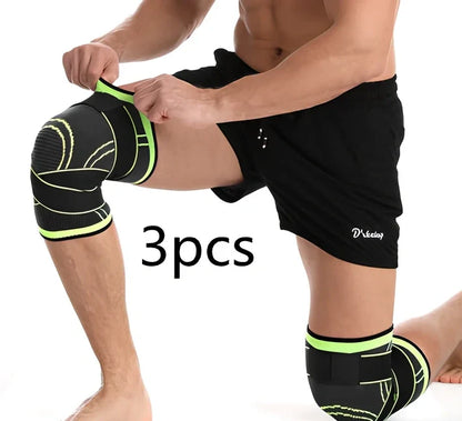 Outdoor sports pressure knee pads in fluorescent green, breathable polyester construction for mountaineering and cycling