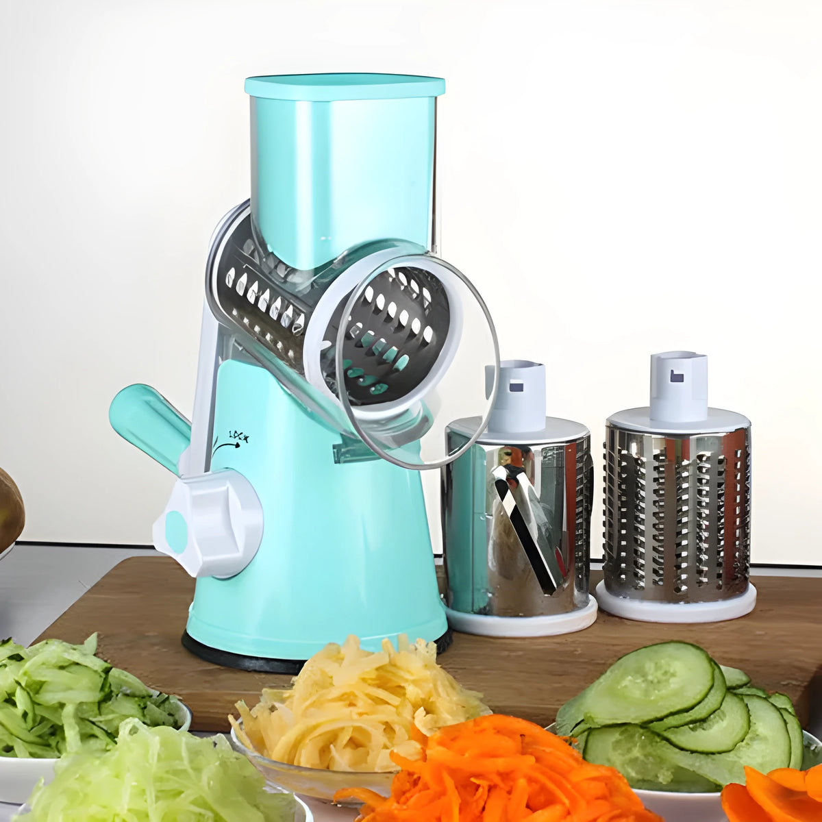 Blue multifunctional manual vegetable cutter with stainless steel blades for slicing potatoes and cheese.
