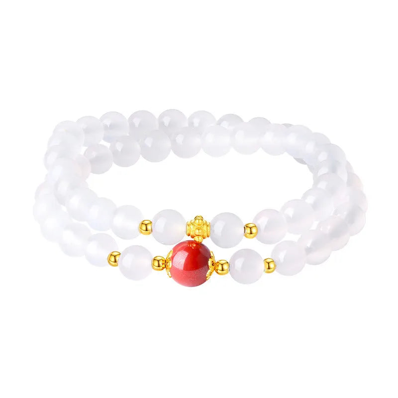 White agate double layer women's bracelet with 6mm geometrical beads and polished finish