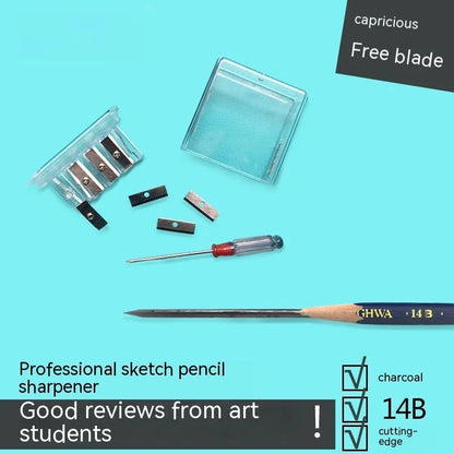 Four-hole pencil sharpener with geometric plastic design, four blades, and integrated screwdriver tool