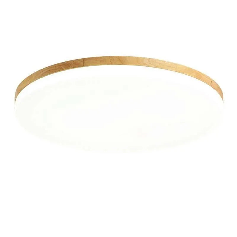 Japanese minimalist wooden and acrylic LED ceiling lamp with three-colour lighting on a white ceiling.