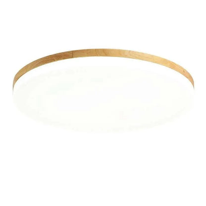 Japanese minimalist wooden and acrylic LED ceiling lamp with three-colour lighting on a white ceiling.